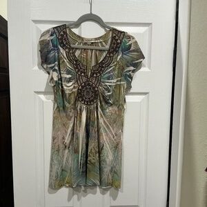 NWOT One World Tunic Green Blue Brown Rhinestones L